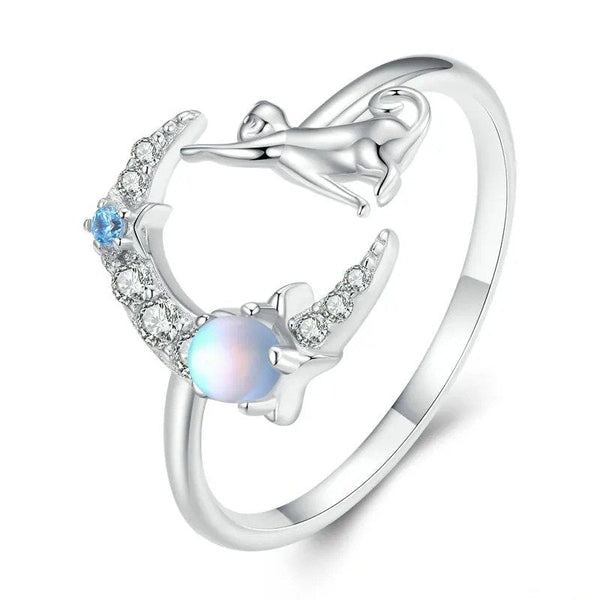 ˇShow YourselfˇCat and Moon Cute Animal Opening Ring Moonstone Adjustable Ring